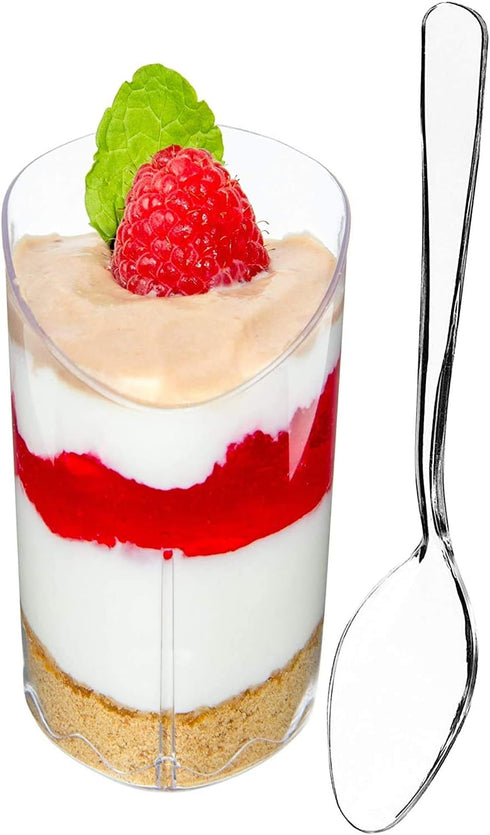 DLux 28 x 3 oz Mini Dessert Cups with Spoons, Slanted Triangle - Clear Plastic Parfait Appetizer Cup - Small Reusable Serving Bowl for Tasting Par...