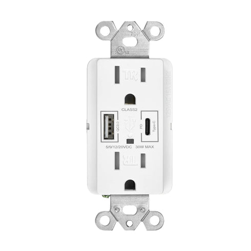 Maxxima 15A USB Wall Outlet Receptacle, 30W Power Delivery QC 3.0 Type-C/A w/ 2 Standard Outlets, High Speed Charging for Smart Devices, Duplex Re...