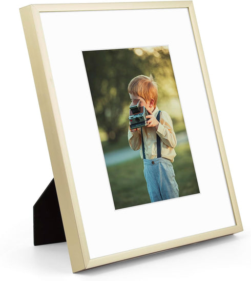 Frametory, 8x10 Gold Aluminum Picture Frame - Set of 1 - Ideal for Displaying 5x7 Photos with Mat or 8x10 Without Mat - Real Glass Front - Simple ...