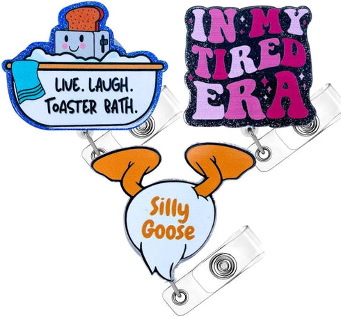 3PC Funny Badge Reels Retractable Cute Holder ID Clip Lanyard Humor Pack for Nurse Nursing Live Laugh Toaster Bath Silly Goose in My Tired Era Fun...