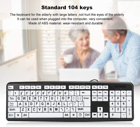 104 Keys Low Vision Elderly Keyboard, Large Font Print USB Wired Keyboard QWERTY Layout Old People Keyboard with White Large Print Keys Oversize L...