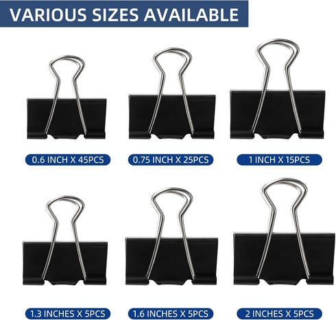 100 Pcs Binder Clips Assorted Sizes, Metal Clips for Office, Paper Clamps 6 Size, X Large, Large, Medium, Small, Mini and Micro...