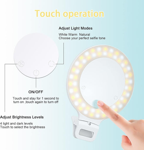 Selfie Ring Light, Clip on Ring Light Touch Control, Rechargeable 800mAh 60 LED Circle Light with 3 Light Modes for iPhone/Android Smart Phone Lap...