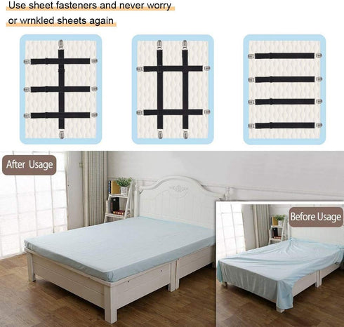 4Pcs Adjustable Bed Sheet Straps Clips, Elastic Mattress Sheet Fasteners Holder and Suspenders, Grippers to Hold Sheet, Mattress, Sofa, Couch, Tab...