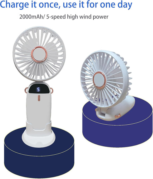 Portable Handheld Fan Small Handheld Fan Type-C Rechargeable 2000mAh Desk Personal Fan 90°Adjustable Neck Fan with 5 Speed Wind LED Display for Ho...