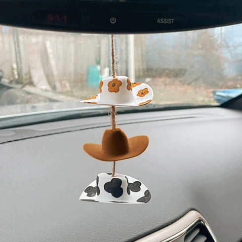 Cowboy Hat Car Charm,Country Rear View Mirror Hanging Accessories,Sunflower Cowgirl hat Cow Print Car Decor,Cute Handmade Felt Mini Hat Ornament P...