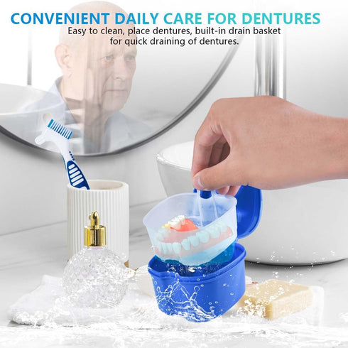 Blue Denture Bath Case Cup Box Holder Storage Container with Denture Cleaner Brush Strainer Basket for Travel Cleaning...