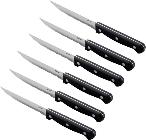 Steak Knives Set of 6, Black Full-Tang Triple Rivet Serrated Stainless Steel Sharp Blade Flatware Steak Knife Set, 4.5 Inches, For Restaurant Kitc...