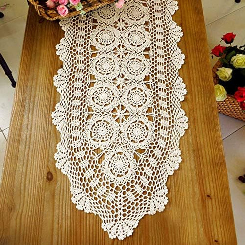 KEPSWET Cotton Handmade Crochet Lace Oval Table Runner Dresser Console Coffee Table TV Stand Decor Beige 14x60 inch...