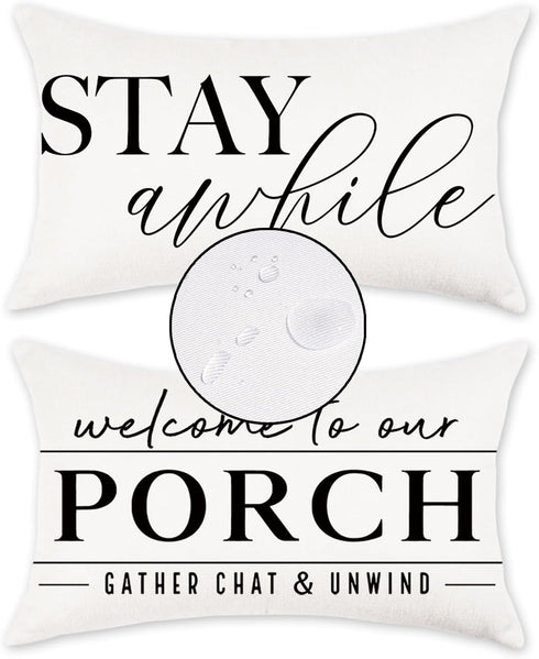 Outdoor Pillow Covers Waterproof 12x20 Set of 2 Welcome to Our Porch Stay Awhile Cushion Cases for Patio Furniture Sofa Couch Decor...