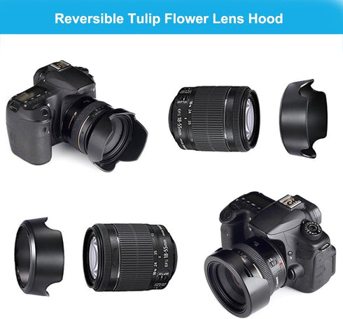 52mm Lens Hood Set, Collapsible Rubber Lens Hood with Filter Thread + Reversible Tulip Flower Lens Hood + Center Pinch Lens Cap + Microfiber Lens ...