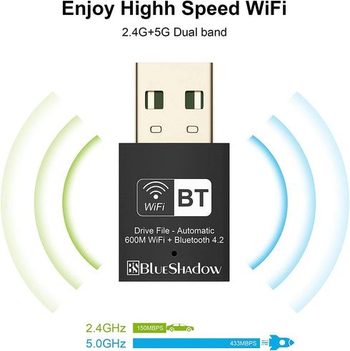 Blueshadow Mini 2-in-1 USB WiFi Bluetooth Adapter AC600-2.4G/5G Dual Band Wireless Network Adapter for Desktop PC, Bluetooth 4.2, WPA3 Network Sec...