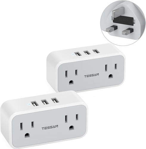 TESSAN US to UK Plug Adapter 2 Pack, Type G Plug Converter with 2 Power Outlet 3 USB Charger, Travel Adaptor for USA to London Ireland Scotland En...