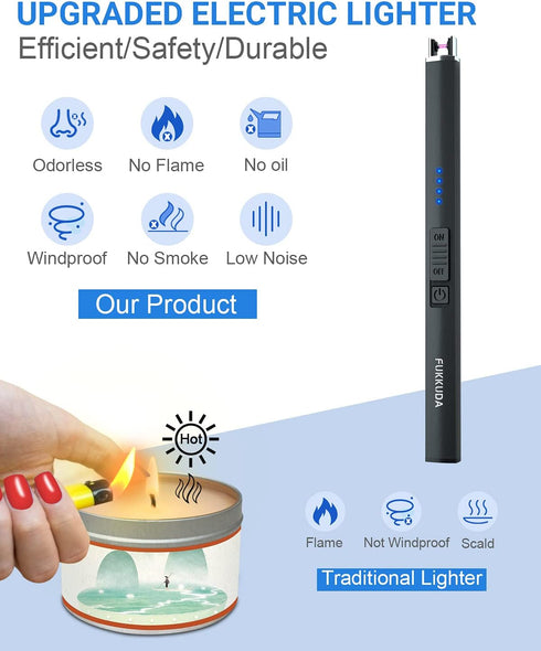 FUKKUDA Electric Candle Lighter with Safety Switch - USB Rechargeable Windproof & Flameless Plasma Arc Lighter for Easter Basket Stuffers (Obsidia...