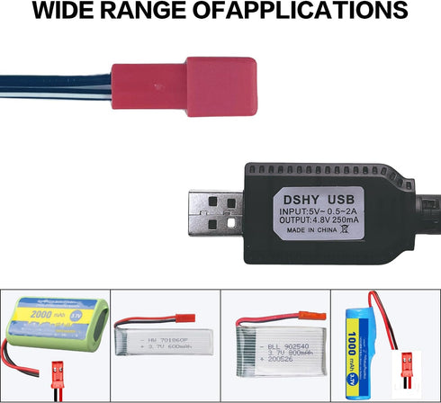 4.8V USB Charger Cable with JST 2 Pin Plug Compatible RC Car RC Plane RC Tank RC Boat and Other Remote Control Toys for Universal 4.8V Lipo Batter...