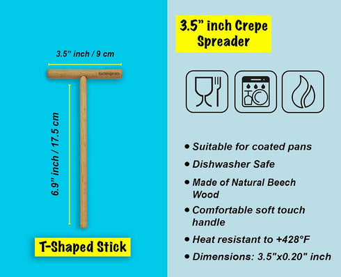 Kuchengerate 3.5 inc Crepe Spreader and 12 inc Wooden Spatula Turner Crepe Maker Set - T Shaped Structure - Handmade Natural Beech Wood - No Paint...