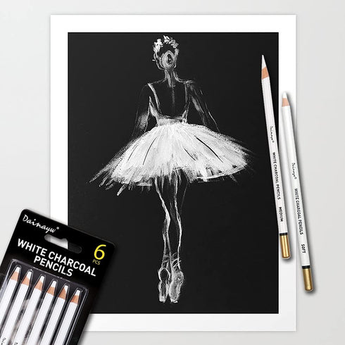 dainayw 6 Pcs White Charcoal Pencils Drawing Set, Professional Smooth Soft & Medium Sketching Pencil Art Supplies for Drawing, Highlighting, Sketc...