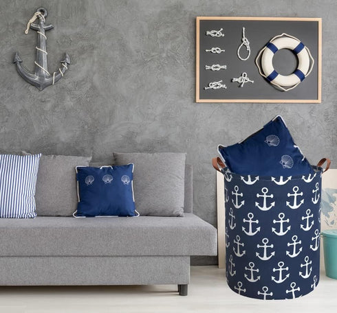 Kids Hamper,Collapsible Laundry Baskets,Waterproof Storage Baskets with Leather Handle,Nautical Decor,Toy Organizer (Navy Blue Anchor)...