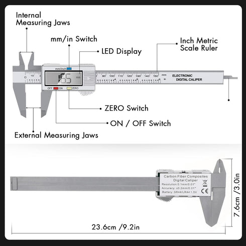 Electronic Digital Caliper, LCD | 0 to 6 inch inch/mm Conversion, Automatic Shutdown Function, Very Suitable for Home/Jewelry/DIY Measurement, etc...