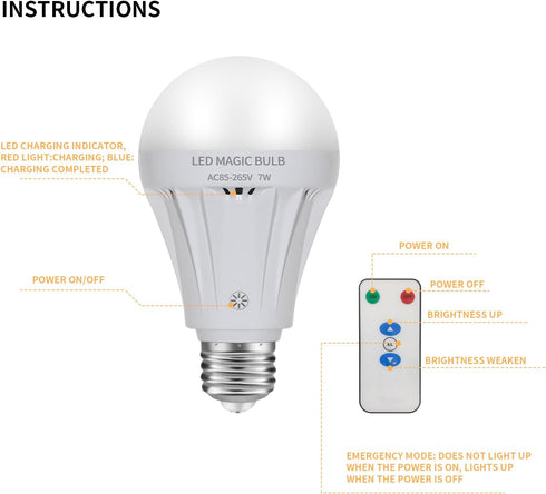 Rechargeable Light Bulbs with Remote Control, 2200mAh Battery Emergency Light Bulb for Power Outage and Camping Outdoor with Remote Control, Dimma...
