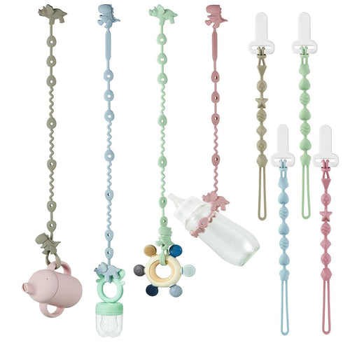 PandaEar 8 Pack Baby Toy Straps & Silicone Pacifier Clips, Dinosaur Silicone Pacifier Teether Harness Straps and Pacifier Holder Clips with One Pi...