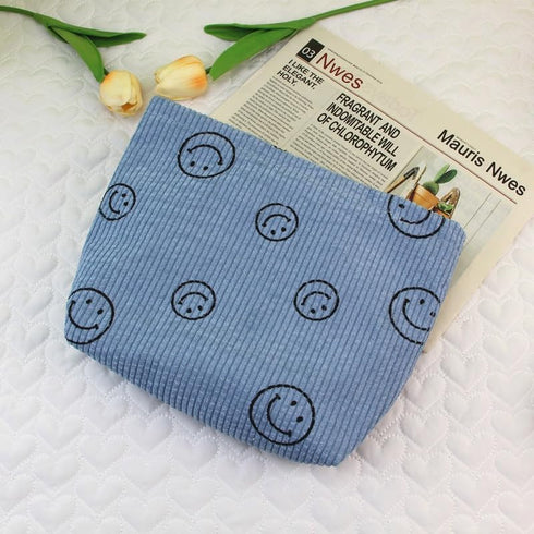 Cosmetic Bag 3PCS Pencil Pouch Smiley Face Bag Corduroy Cosmetic Bag Aesthetic Women Handbags Purses (BLUE)...