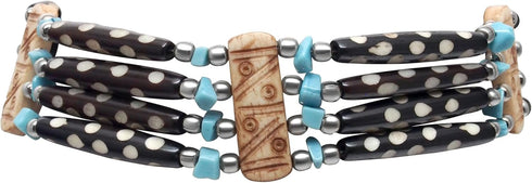 American Indian Style Bone Choker Necklace, 4 Row Blue Stone Speckled Traditional Hairpipe Beads, Unisex Adjustable...