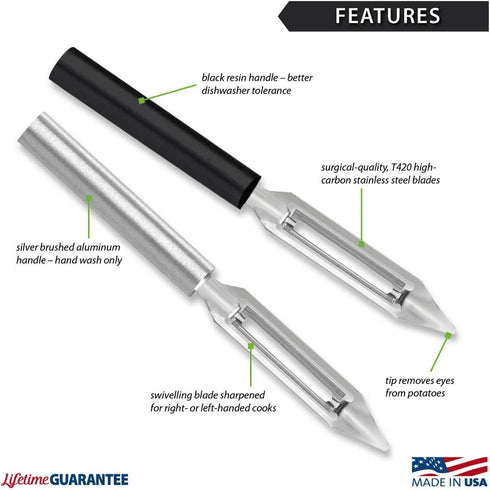 Rada Cutlery Vegetable Peeler (W232), 1.75" Stainless Steel Swiveling Blade, Made in USA, Black Handle...