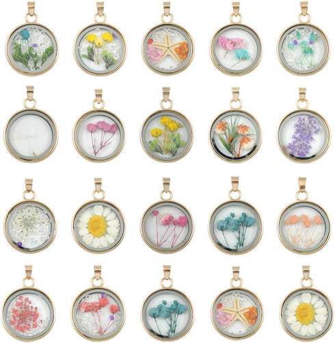 10pcs Mixed Golden Tone Round Shape Dried Pressed Flower Pendant Flower Plant Charm Floating Pendant Necklace Making Supplies...