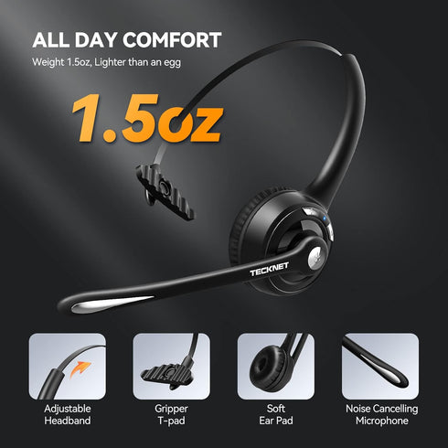 TECKNET Bluetooth Headset, Wireless On Ear Headphones with Noise Cancelling Microphone for Trucker, Hand Free Wireless Headset with Mute Mic for W...