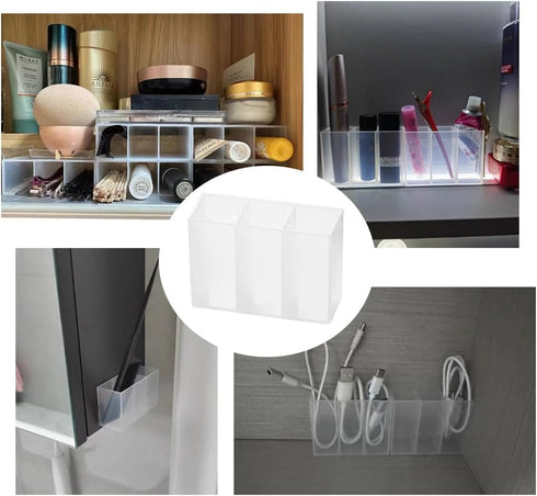 6PCS Mini Wall Mount Storage Box, 6 Compartment Transparent Plastic Makeup Brush Lipstick Holder Self-Adhesive Pen Holder Makeup Organizer for Hom...