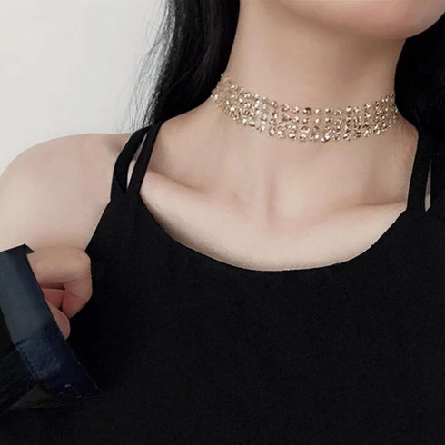 Boho Sequin Choker Necklace Sparkly Lace Clavicle Necklace Short Wide Glitter Collar Necklace Gold Sequin Necklace Chain Jewelry for Women and Gir...