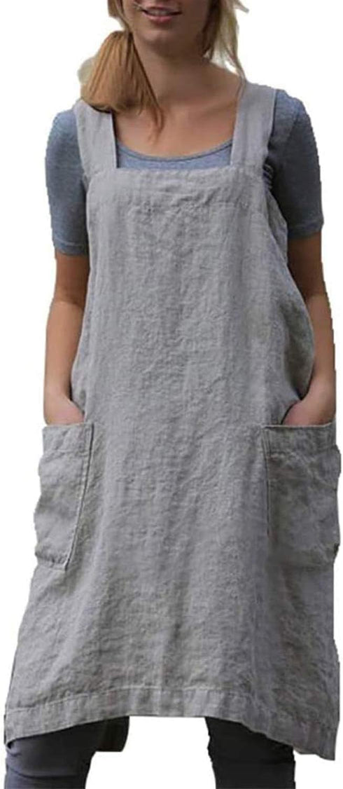 YESDOO Linen Apron Cross Back Apron for Women with Pockets Pinafore Dress for Baking Cooking, Grey, Small...