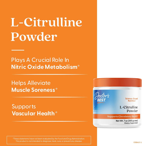 Doctors Best L-Citrulline Powder (Kyowa Quality), Supports Circulatory Health, Non-GMO, Gluten Free, Soy Free, Vegan Net Wt. 7 oz (200 Grams)...