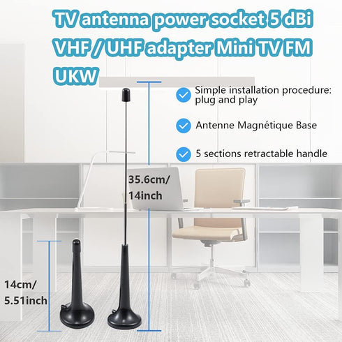 DVB-T Digital HDTV Antenna with Magnetic Base - 5 Sections Telescopic Pole - 5dBi VHF/UHF Mini TV Antenna - 1.5m/4.92ft RG174 Coax Cable for DVD, ...