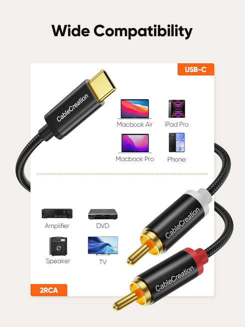 CableCreation USB C to RCA Audio Cable 3.3FT, Type-C to 2 Male Y RCA Splitter, RCA to USB C for iPhone 15 Series, Tablet, Home Theater, DVD, Ampli...