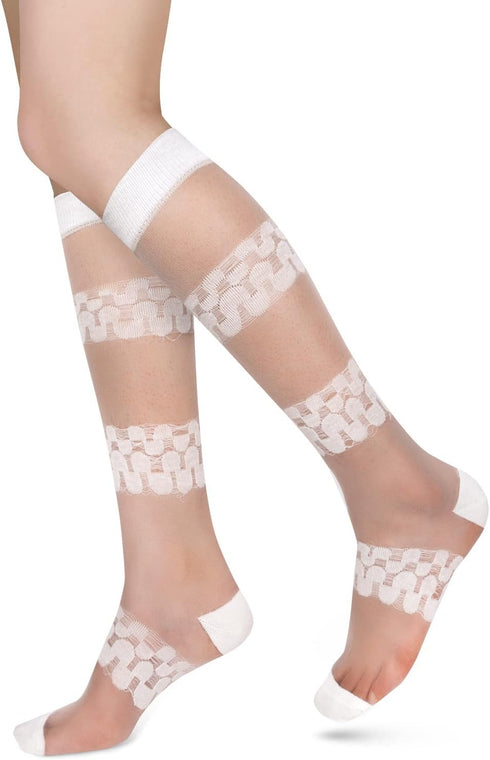 Benefeet Sox Womens Lace Knee High Socks Girls Nylon Knee Highs Sexy Sheer Trouser Socks Black White Mesh Fishnet Stockings...