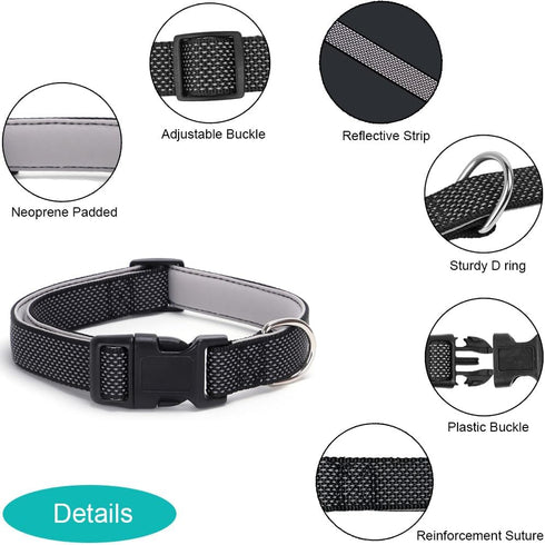 Full Reflective Dog Collar Adjustable Soft Neoprene Padded Nylon Pet Collars Durable D-Ring Quick Release Buckle Working Collars for Small Medium ...