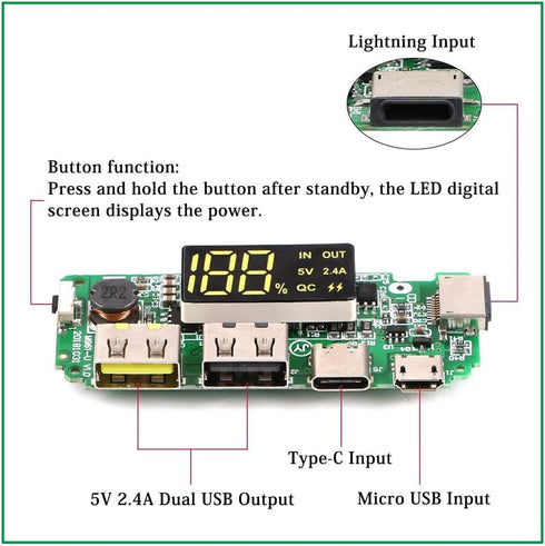 1Pcs 18650 Charger Board Lithium Battery Charging Module Dual USB 5V 2.4A MiniType-C Power Bank Module DIY with Overcharge Overdischarge Short Cir...