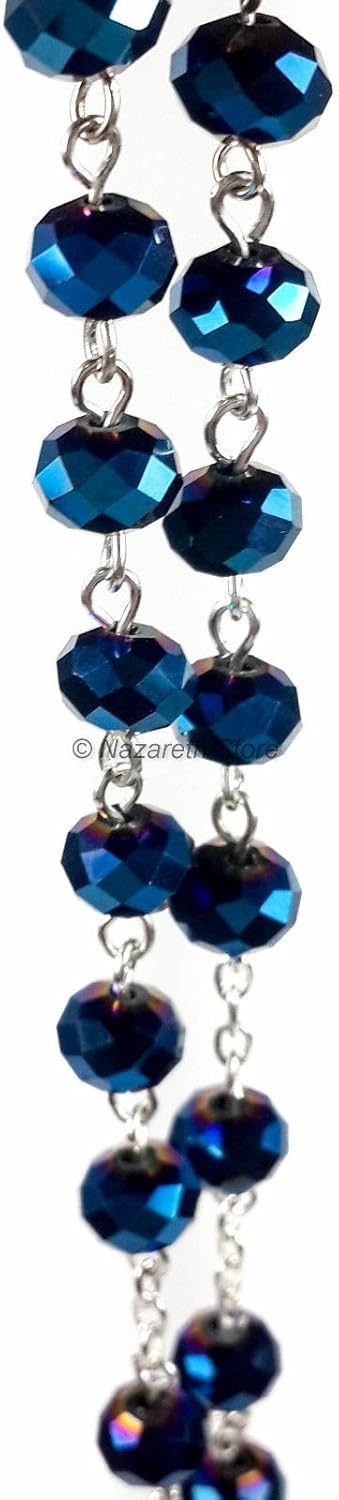 Nazareth Store Deep Blue Crystal Beads Rosary Catholic Necklace Holy Soil Medal Cross Crucifix Velvet Bag...