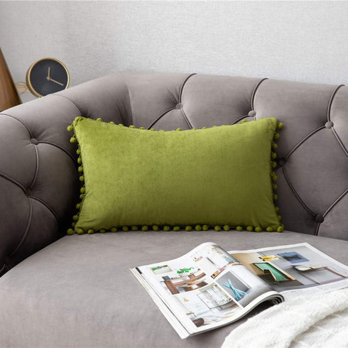 DEZENE Couch Pillow Cases 12x20 Chartreuse: 2 Pack Cozy Soft Pom-poms Velvet Rectangular Throw Pillow Covers for Farmhouse Home Decor...