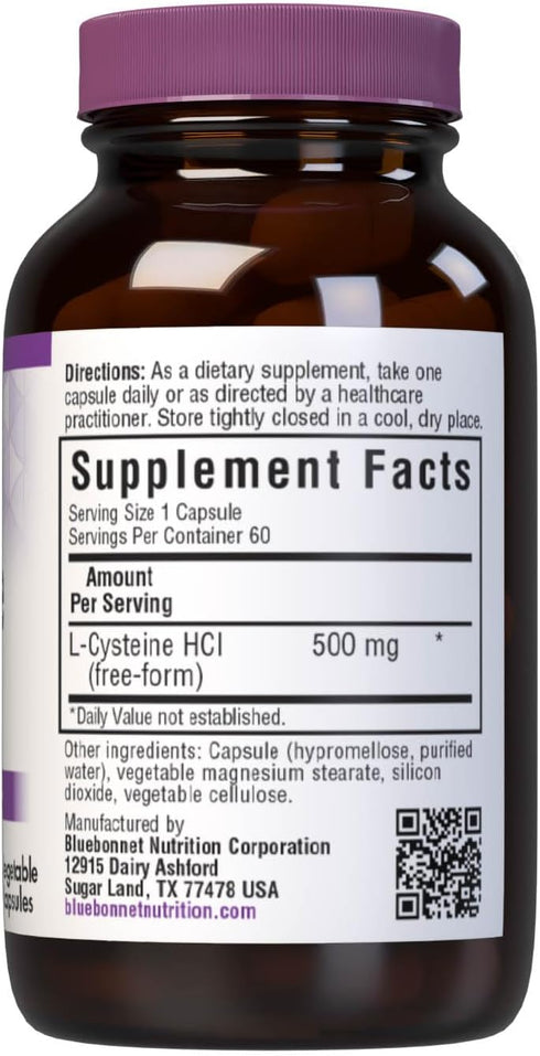 Bluebonnet Nutrition L-Cysteine 500mg, Free-Form Amino Acid, Promotes Healthy Skin, Hair and Nails, Soy-Free, Gluten-Free, Non-GMO, Kosher Certifi...