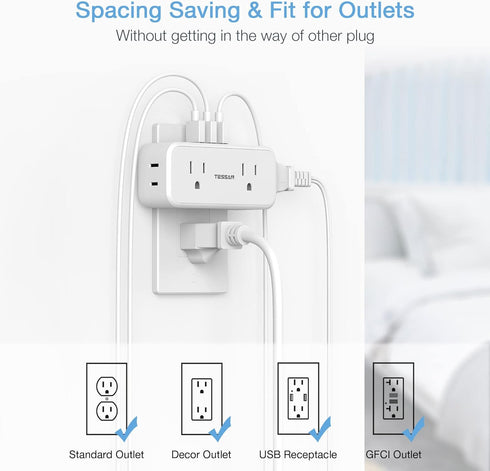 Multi Plug Outlet Splitter with USB, TESSAN 4 Electrical Multiple Outlet Extender with 3 USB Ports, Mini Double Plug Expander Surge Protector for ...
