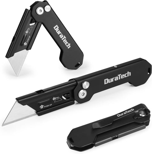 DURATECH 2-Pack Folding Utility Knife, Mini Box Cutter with Safety Axis Lock, Belt Clip, Quick-change Blade Mechanism, Full Stainless Steel Body a...