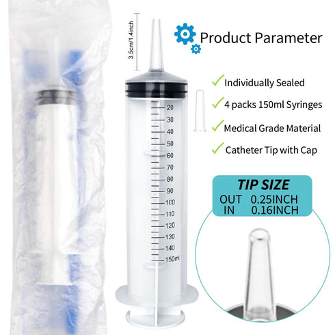 4 Pack 150ml/cc Large Syringe with Cap, Individually Sterile Sealed Plastic Liquid Syringes with Measurement for Scientific Labs, Measuring Liquid...