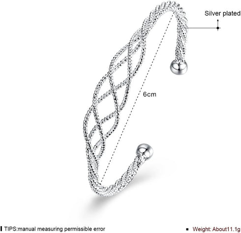 Sterling Silver Adjustable Wire Bracelet, Fashion Bangle Cuff Bracelet with beads at wire ends, Specail Follower Mesh Pattern on The Wire Middle F...