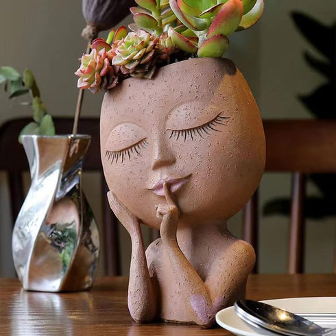 Face Planter Pots Succulent Planters, Face Flower Pot Head Planter for Indoor Outdoor Plants with Drainage Hole Cute Lady Face Plant Pots(Brown)...