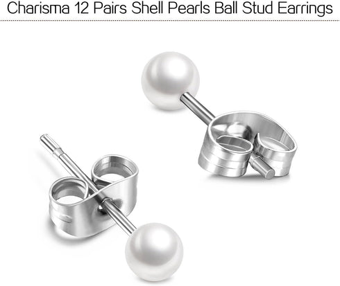 Charisma 4mm Composite Pearl Earrings Round Ball Pearls Stud Earrings Hypoallergenic 12 Pairs Imitation Pearl Earrings Set for Women...