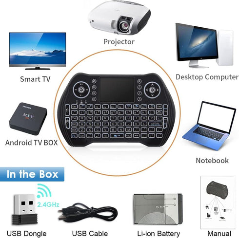BL Mini Wireless Keyboard Remote Control with Touchpad Mouse Combo, Backlit 2.4GHz Mini Keyboard Wireless USB Dongle Rechargeable Li-ion Battery f...
