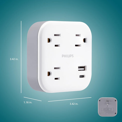 Philips 3-Outlet Surge Outlet Extender with USB, 1 USB-A, 1 USB-C, 12W, 980J, White - SPP9393W/37...